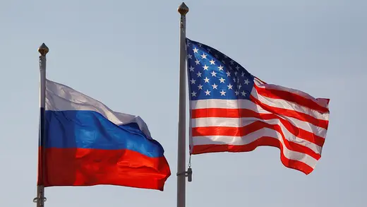 National flags of Russia and the U.S. fly at Vnukovo International Airport in Moscow, Russia.